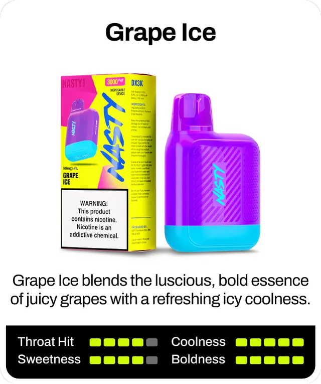 Grape Ice blends the luscious, bold essence of juicy grapes with a refreshing icy coolness. Throat hit 4 of 5, sweetness 4 of 5, boldness 5 of 5, coolness 5 of 5.