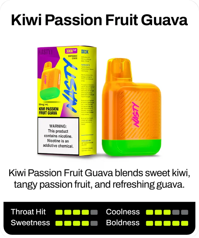 Kiwi Passion Fruit Guava blends sweet kiwi, tangy passion fruit, and refreshing guava. Throat hit 4 of 5, coolness 3 of 5, sweetness 4 of 5, boldness 5 of 5.