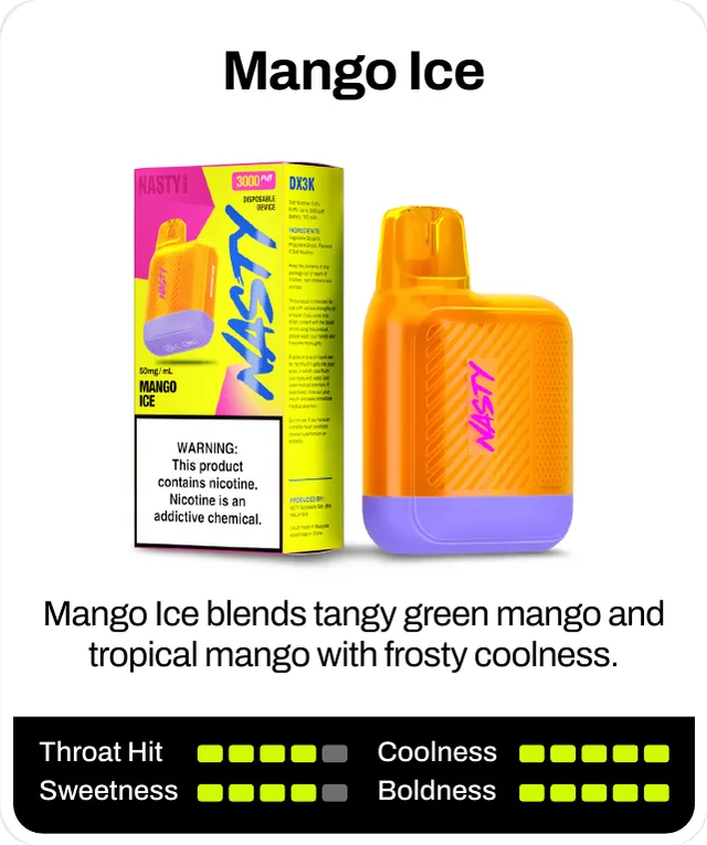 Mango Ice blends tangy green mango and tropical mango with frosty coolness. Throat hit 4 of 5, coolness 5 of 5, sweetness 4 of 5, boldness 5 of 5.