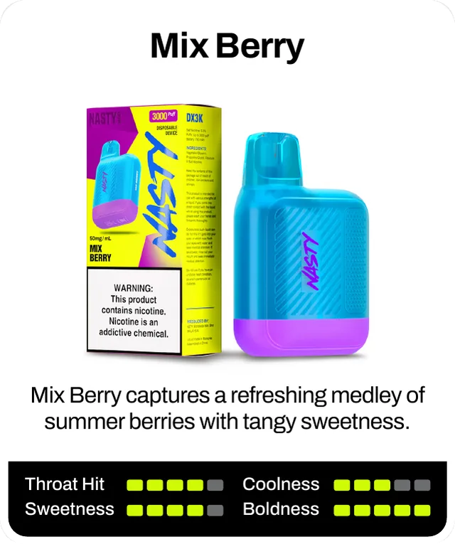 Mix Berry captures a refreshing medley of summer berries with tangy sweetness. Throat hit 4 of 5, coolness 3 of 5, sweetness 4 of 5, boldness 5 of 5.