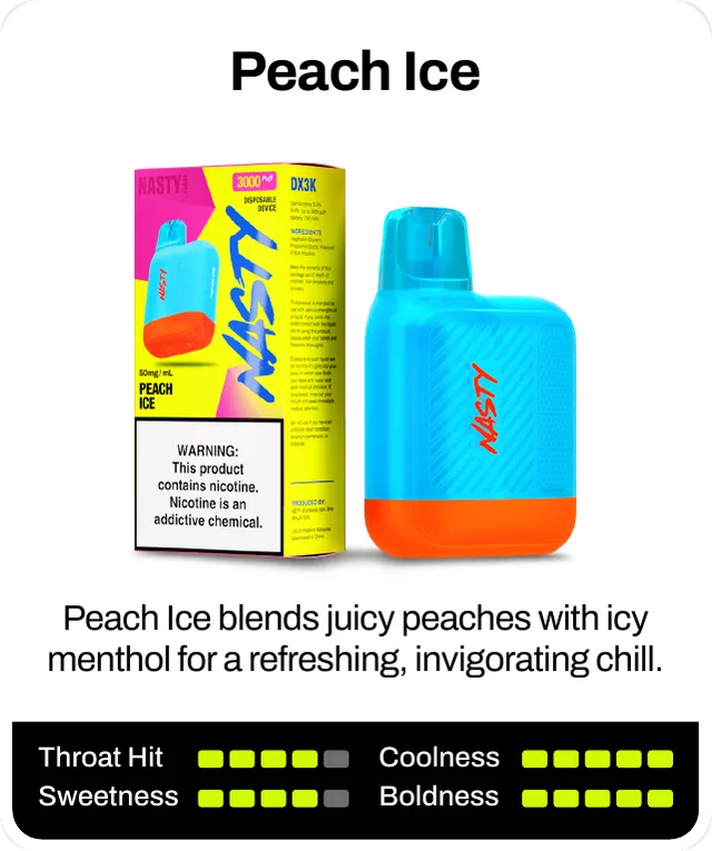 Peach Ice blends juicy peaches with icy menthol for a refreshing, invigorating chill. Throat hit 4 of 5, coolness 5 of 5, sweetness 4 of 5, boldness 5 of 5.