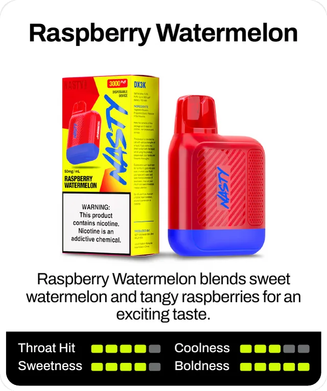Raspberry Watermelon blends sweet watermelon and tangy raspberries for an exciting taste. Throat hit 4 of 5, coolness 3 of 5, sweetness 4 of 5, boldness 5 of 5.