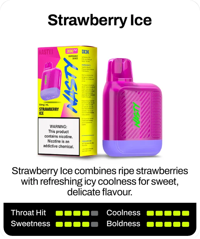 Strawberry Ice combines ripe strawberries with refreshing icy coolness for sweet, delicate flavour. Throat hit 4 of 5, coolness 5 of 5, sweetness 4 of 5, boldness 5 of 5.