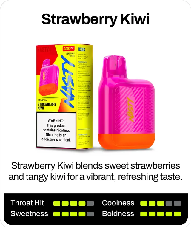 Strawberry Kiwi blends sweet strawberries and tangy kiwi for a vibrant, refreshing taste. Throat hit 4 of 5, coolness 3 of 5, sweetness 4 of 5, boldness 5 of 5.