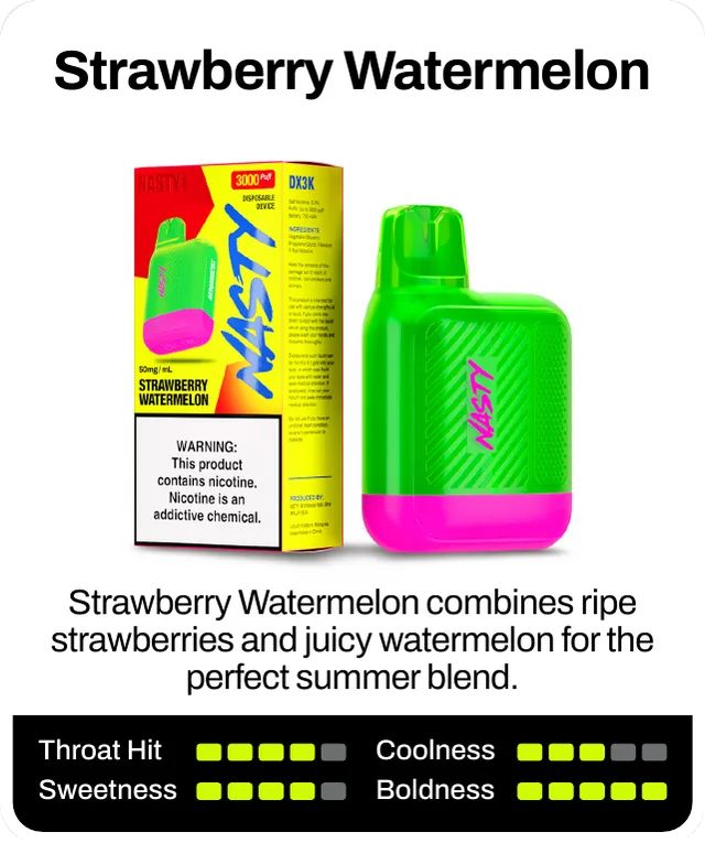 Strawberry Watermelon combines ripe strawberries and juicy watermelon for the perfect summer blend. Throat hit 4 of 5, coolness 3 of 5, sweetness 4 of 5, boldness 5 of 5.