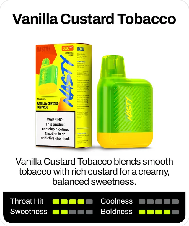 Vanilla Custard Tobacco blends smooth tobacco with rich custard for a creamy, balanced sweetness. Throat hit 4 of 5, coolness 0 of 5, sweetness 2 of 5, boldness 4 of 5.