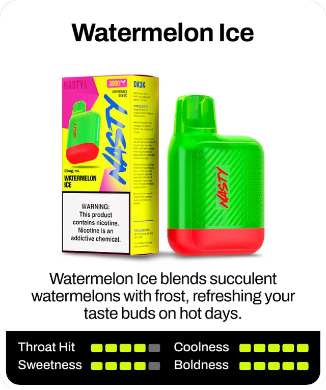 Watermelon Ice blends succulent watermelons with frost, refreshing your taste buds on hot days. Throat hit 4 of 5, coolness 5 of 5, sweetness 4 of 5, boldness 5 of 5.