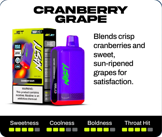 Cranberry Grape. Blends crisp cranberries and sweet, sun-ripened grapes for satisfaction. Sweetness 4 of 5, coolness 3 of 5, boldness 4 of 5, throat hit 4 of 5.