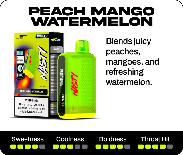 Peach Mango Watermelon. Blends juicy peaches, mangoes, and refreshing watermelon. Sweetness 4 of 5, coolness 3 of 5, boldness 4 of 5, throat hit 4 of 5.
