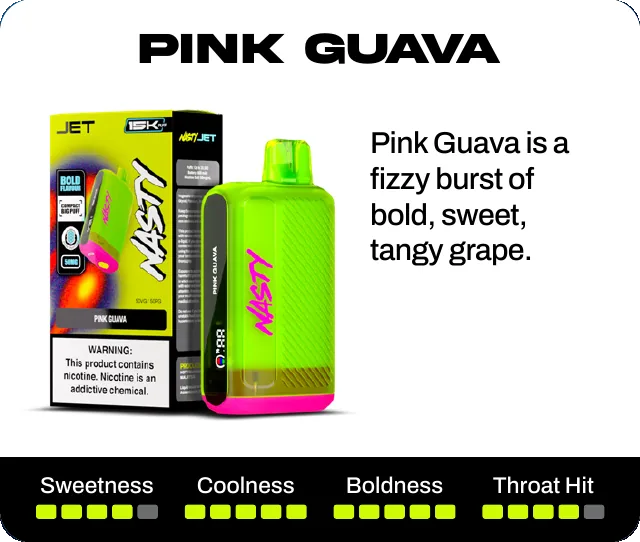 Pink Guava is a fizzy burst of bold, sweet, tangy grape. Sweetness 4 of 5, coolness 5 of 5, boldness 5 of 5, throat hit 4 of 5.