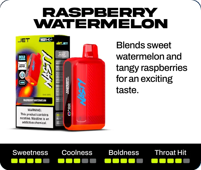Raspberry Watermelon. Blends sweet watermelon and tangy raspberries for an exciting taste. Sweetness 4 of 5, coolness 3 of 5, boldness 4 of 5, throat hit 4 of 5.