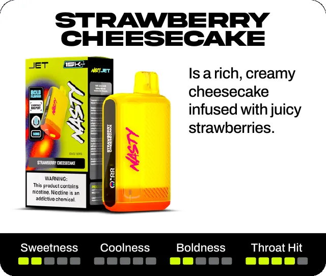 Strawberry Cheesecake. Is a rich, creamy cheesecake infused with juicy strawberries. Sweetness 2 of 5, coolness 0 of 5, boldness 2 of 5, throat hit 4 of 5.