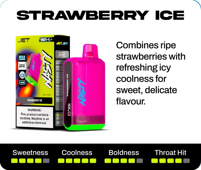 Strawberry Ice. Combines ripe strawberries with refreshing icy coolness for sweet, delicate flavour. Sweetness 4 of 5, coolness 5 of 5, boldness 4 of 5, throat hit 4 of 5.
