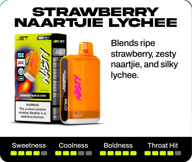 Strawberry Naartjie Lychee. Blends ripe strawberry, zesty naartjie, and silky lychee. Sweetness 4 of 5, coolness 3 of 5, boldness 5 of 5, throat hit 4 of 5.