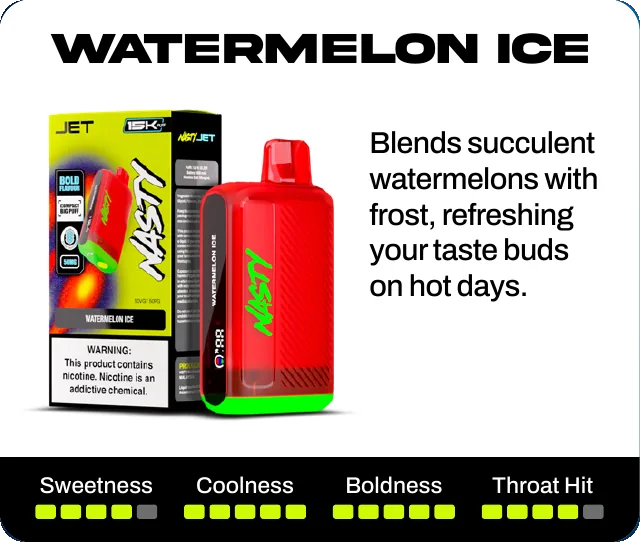 Watermelon Ice. Blends succulent watermelons with frost, refreshing your taste buds on hot days. Sweetness 4 of 5, coolness 5 of 5, boldness 5 of 5, throat hit 4 of 5.