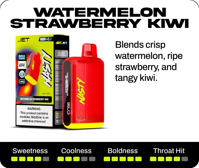 Watermelon Strawberry Kiwi. Blends crisp watermelon, ripe strawberry, and tangy kiwi. Sweetness 4 of 5, coolness 3 of 5, boldness 5 of 5, throat hit 4 of 5.
