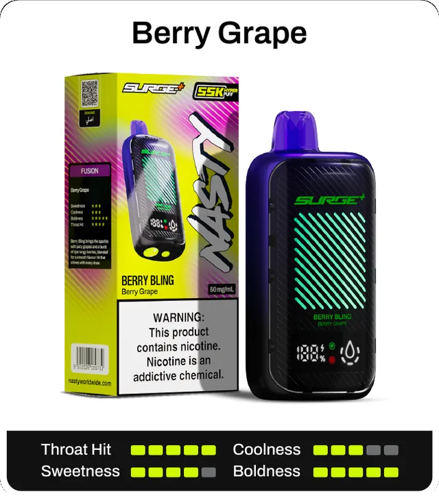 Berry Grape. Throat hit 5 of 5, coolness 3 of 5, sweetness 4 of 5, boldness 5 of 5.