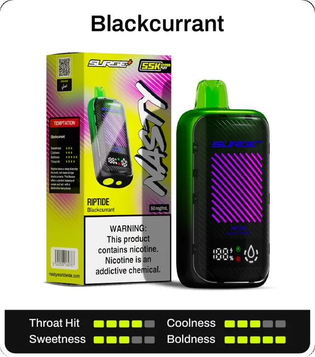 Blackcurrant. Throat hit 4 of 5, coolness 3 of 5, sweetness 3 of 5, boldness 5 of 5.