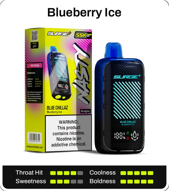 Blueberry Ice. Throat hit 4 of 5, coolness 5 of 5, sweetness 3 of 5, boldness 5 of 5.