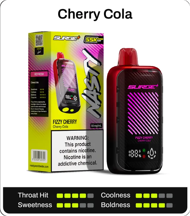 Cherry Cola. Throat hit 4 of 5, coolness 3 of 5, sweetness 3 of 5, boldness 4 of 5.