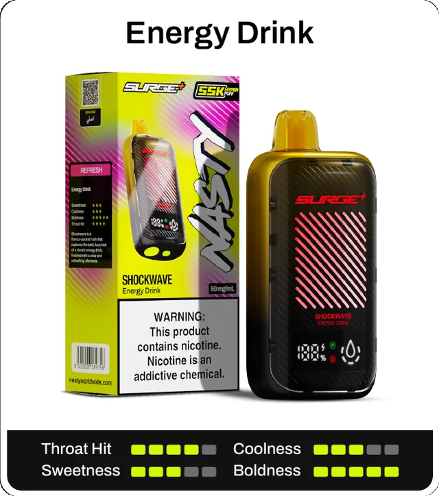 Energy Drink. Throat hit 4 of 5, coolness 3 of 5, sweetness 3 of 5, boldness 5 of 5.