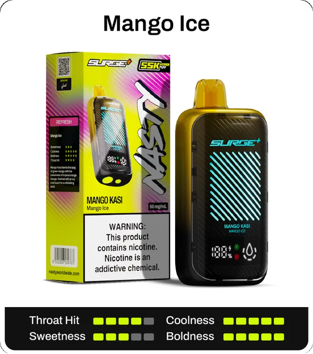 Mango Ice. Throat hit 4 of 5, coolness 5 of 5, sweetness 3 of 5, boldness 5 of 5.