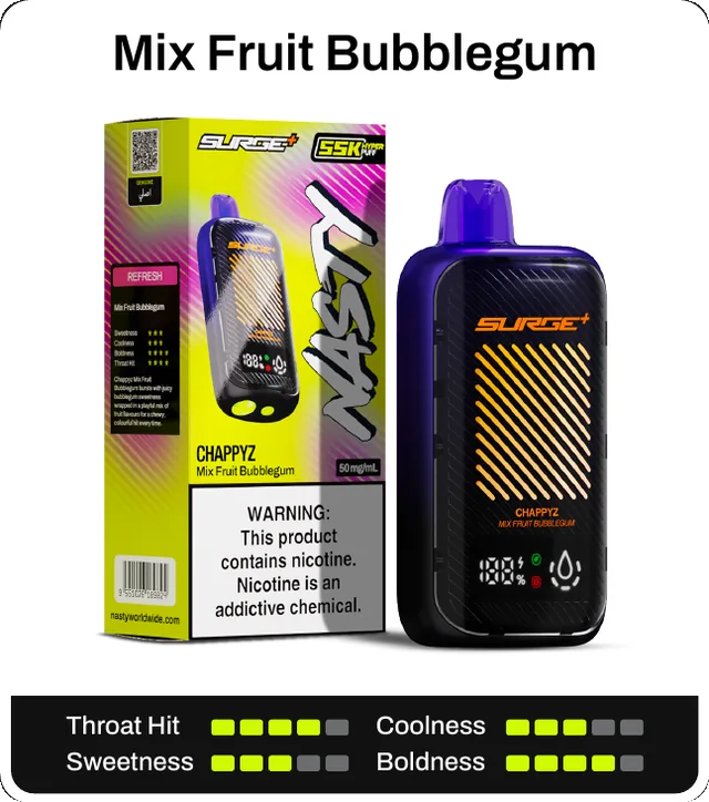 Mix Fruit Bubblegum. Throat hit 4 of 5, coolness 3 of 5, sweetness 3 of 5, boldness 4 of 5.