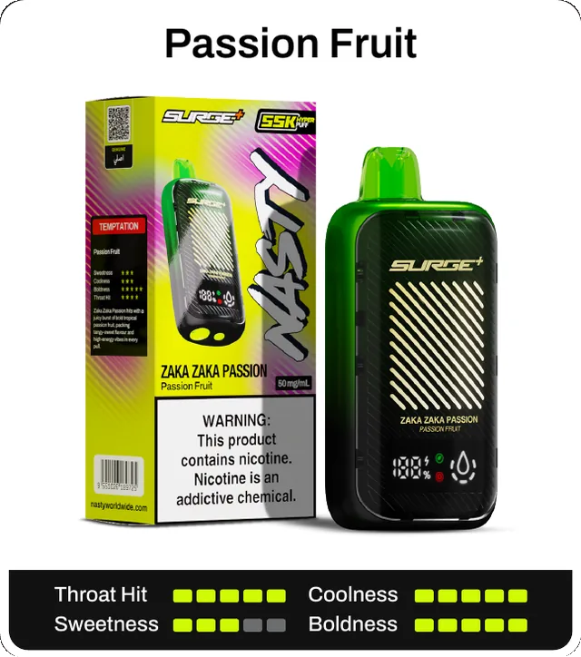 Passion Fruit. Throat hit 5 of 5, coolness 5 of 5, sweetness 3 of 5, boldness 5 of 5.