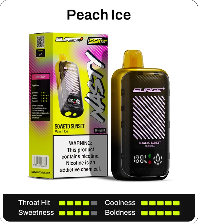 Peach Ice. Throat hit 4 of 5, coolness 5 of 5, sweetness 4 of 5, boldness 5 of 5.
