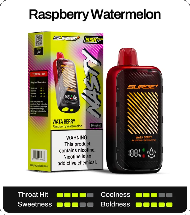 Raspberry Watermelon. Throat hit 4 of 5, coolness 3 of 5, sweetness 3 of 5, boldness 5 of 5.