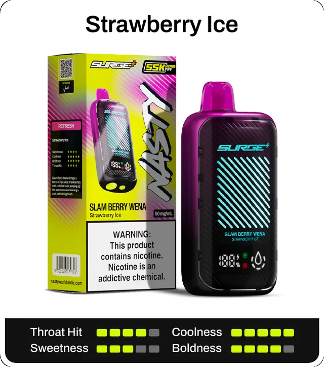 Strawberry Ice. Throat hit 4 of 5, coolness 5 of 5, sweetness 3 of 5, boldness 4 of 5.
