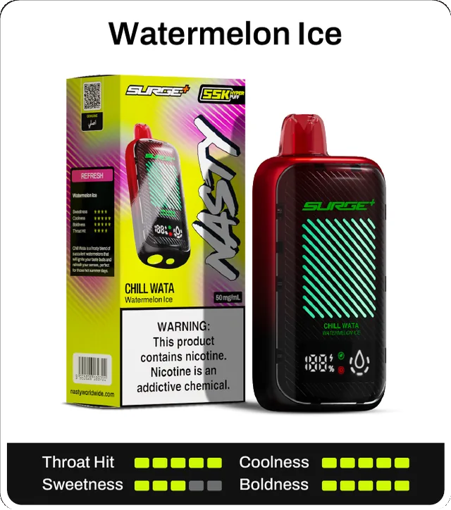 Watermelon Ice. Throat hit 5 of 5, coolness 5 of 5, sweetness 3 of 5, boldness 5 of 5.