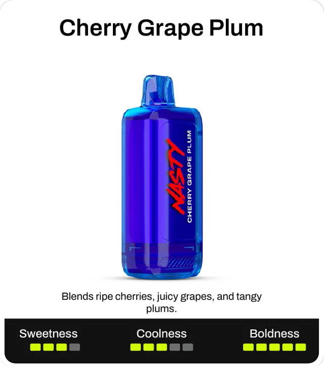 Cherry Grape Plum. Blends ripe cherries, juicy grapes, and tangy plums. Sweetness 3 of 5, coolness 3 of 5, boldness 5 of 5.