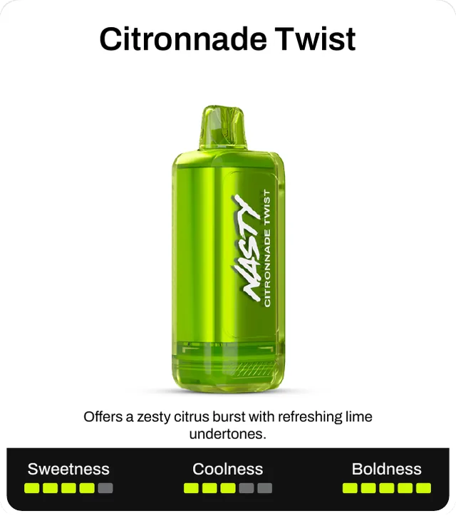 Citronnade Twist. Offers a zesty citrus burst with refreshing lime undertones. Sweetness 4 of 5, coolness 3 of 5, boldness 5 of 5.
