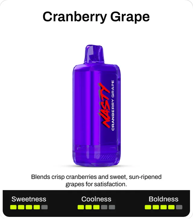 Cranberry Grape. Blends crisp cranberries and sweet, sun-ripened grapes for satisfaction. Sweetness 4 of 5, coolness 3 of 5, boldness 4 of 5.