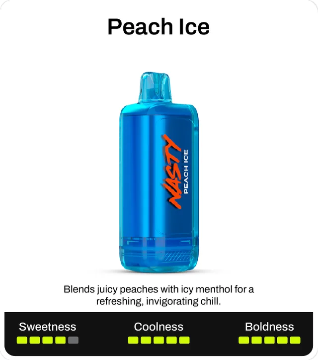 Peach Ice. Blends juicy peaches with icy menthol for a refreshing, invigorating chill. Sweetness 4 of 5, coolness 5 of 5, boldness 5 of 5.