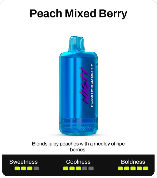 Peach Mixed Berry. Blends juicy peaches with a medley of ripe berries. Sweetness 3 of 5, coolness 3 of 5, boldness 5 of 5.