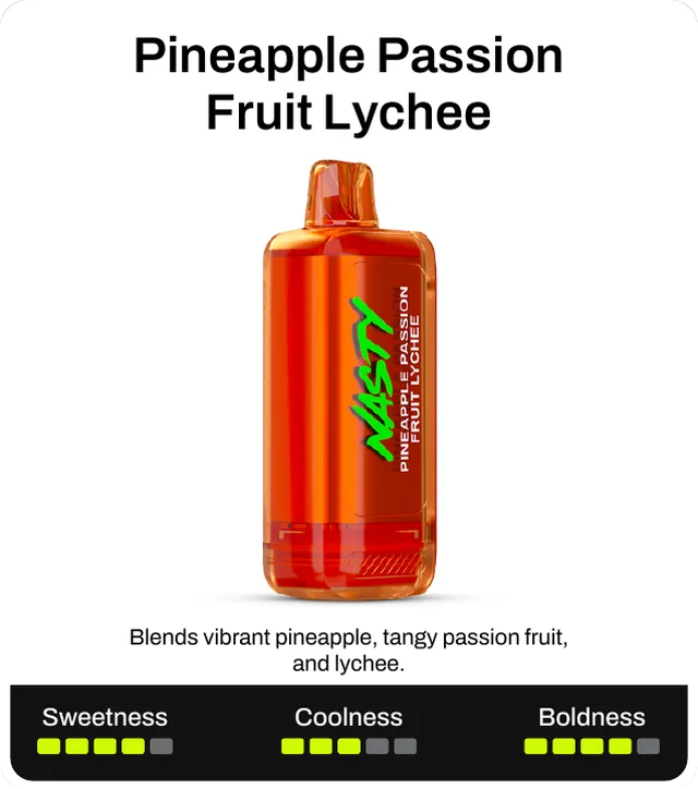 Pineapple Passion Fruit Lychee. Blends vibrant pineapple, tangy passion fruit, and lychee. Sweetness 4 of 5, coolness 3 of 5, boldness 4 of 5.