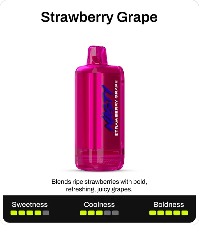 Strawberry Grape. Blends ripe strawberries with bold, refreshing, juicy grapes. Sweetness 4 of 5, coolness 3 of 5, boldness 5 of 5.