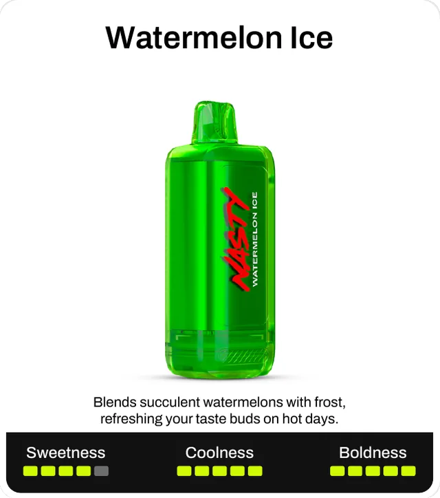 Watermelon Ice. Blends succulent watermelons with frost, refreshing your taste buds on hot days. Sweetness 4 of 5, coolness 5 of 5, boldness 5 of 5.