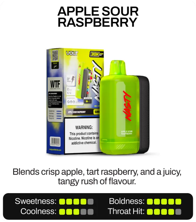 Apple Sour Raspberry. Blends crisp apple, tart raspberry, and a juicy, tangy rush of flavour. Sweetness 4 of 5, boldness 5 of 5, coolness 3 of 5, throat hit 4 of 5.