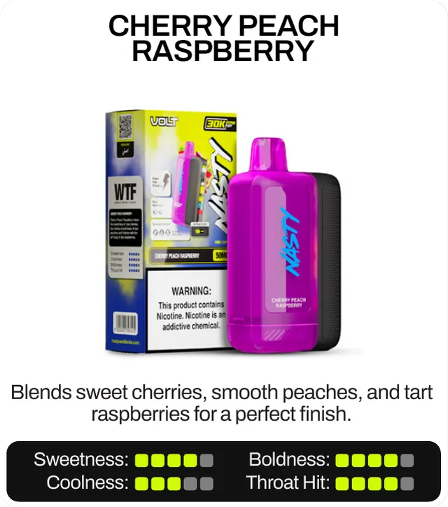 Cherry Peach Raspberry. Blends sweet cherries, smooth peaches, and tart raspberries for a perfect finish. Sweetness 4 of 5, boldness 4 of 5, coolness 3 of 5, throat hit 4 of 5.