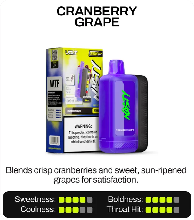 Cranberry Grape. Blends crisp cranberries and sweet, sun-ripened grapes for satisfaction. Sweetness 4 of 5, boldness 4 of 5, coolness 3 of 5, throat hit 4 of 5.