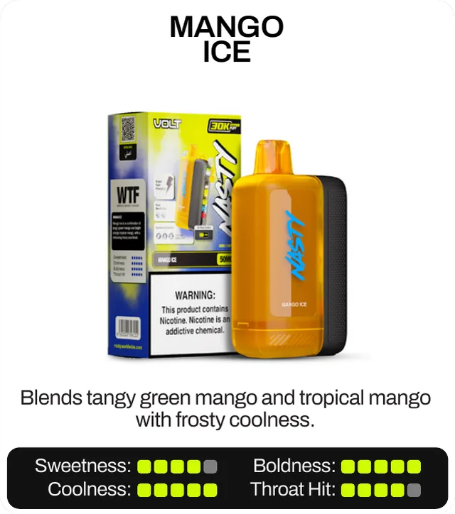 Mango Ice. Blends tangy green mango and tropical mango with frosty coolness. Sweetness 4 of 5, boldness 5 of 5, coolness 5 of 5, throat hit 4 of 5.