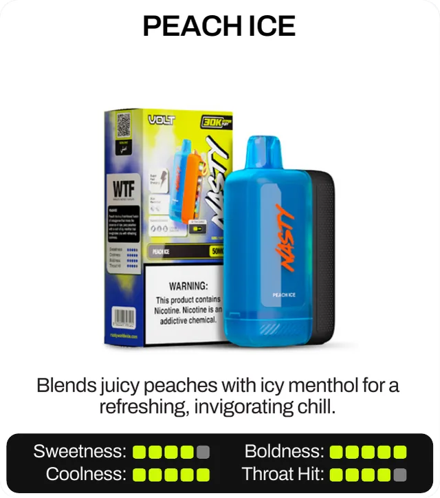 Peach Ice. Blends juicy peaches with icy menthol for a refreshing, invigorating chill. Sweetness 4 of 5, boldness 5 of 5, coolness 5 of 5, throat hit 4 of 5.