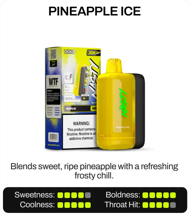 Pineapple Ice. Blends sweet, ripe pineapple with a refreshing frosty chill. Sweetness 4 of 5, boldness 5 of 5, coolness 5 of 5, throat hit 4 of 5.