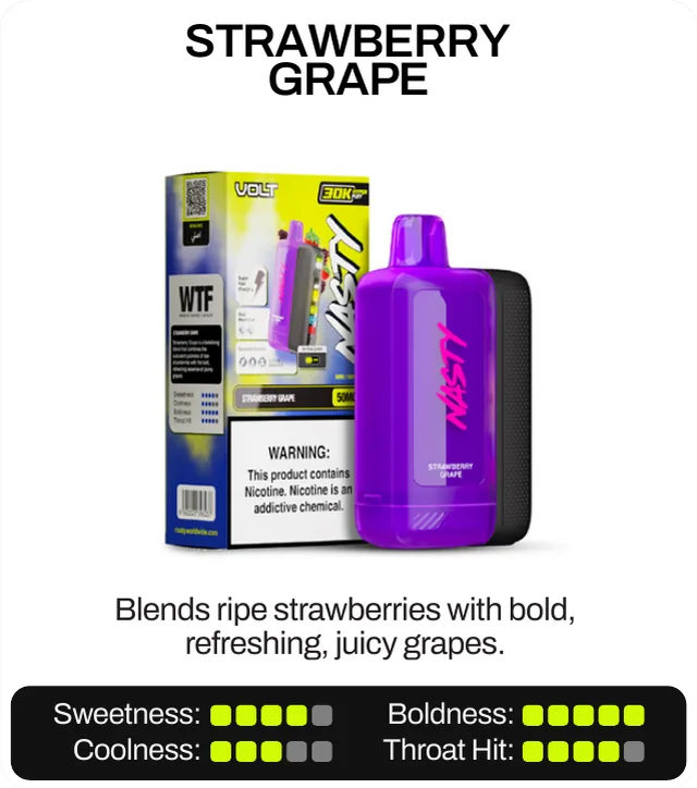 Strawberry Grape. Blends ripe strawberries with bold, refreshing, juicy grapes. Sweetness 4 of 5, boldness 5 of 5, coolness 3 of 5, throat hit 4 of 5.