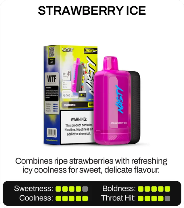 Strawberry Ice. Combines ripe strawberries with refreshing icy coolness for sweet, delicate flavour. Sweetness 4 of 5, boldness 5 of 5, coolness 5 of 5, throat hit 4 of 5.