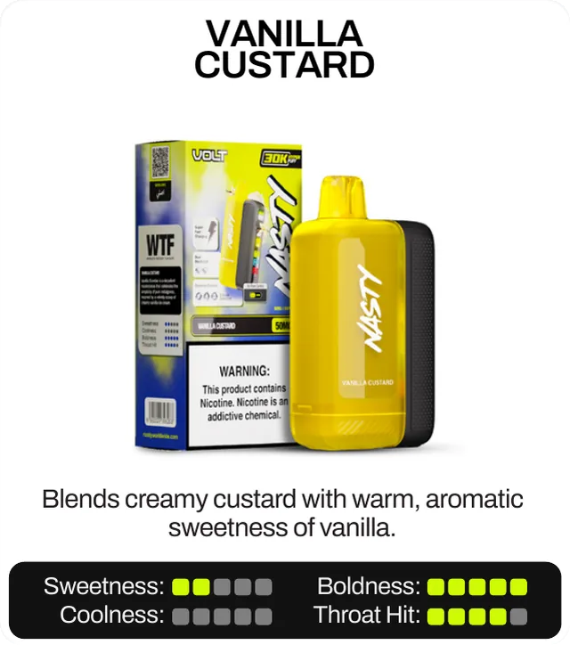Vanilla Custard. Blends creamy custard with warm, aromatic sweetness of vanilla. Sweetness 2 of 5, boldness 5 of 5, coolness 0 of 5, throat hit 4 of 5.