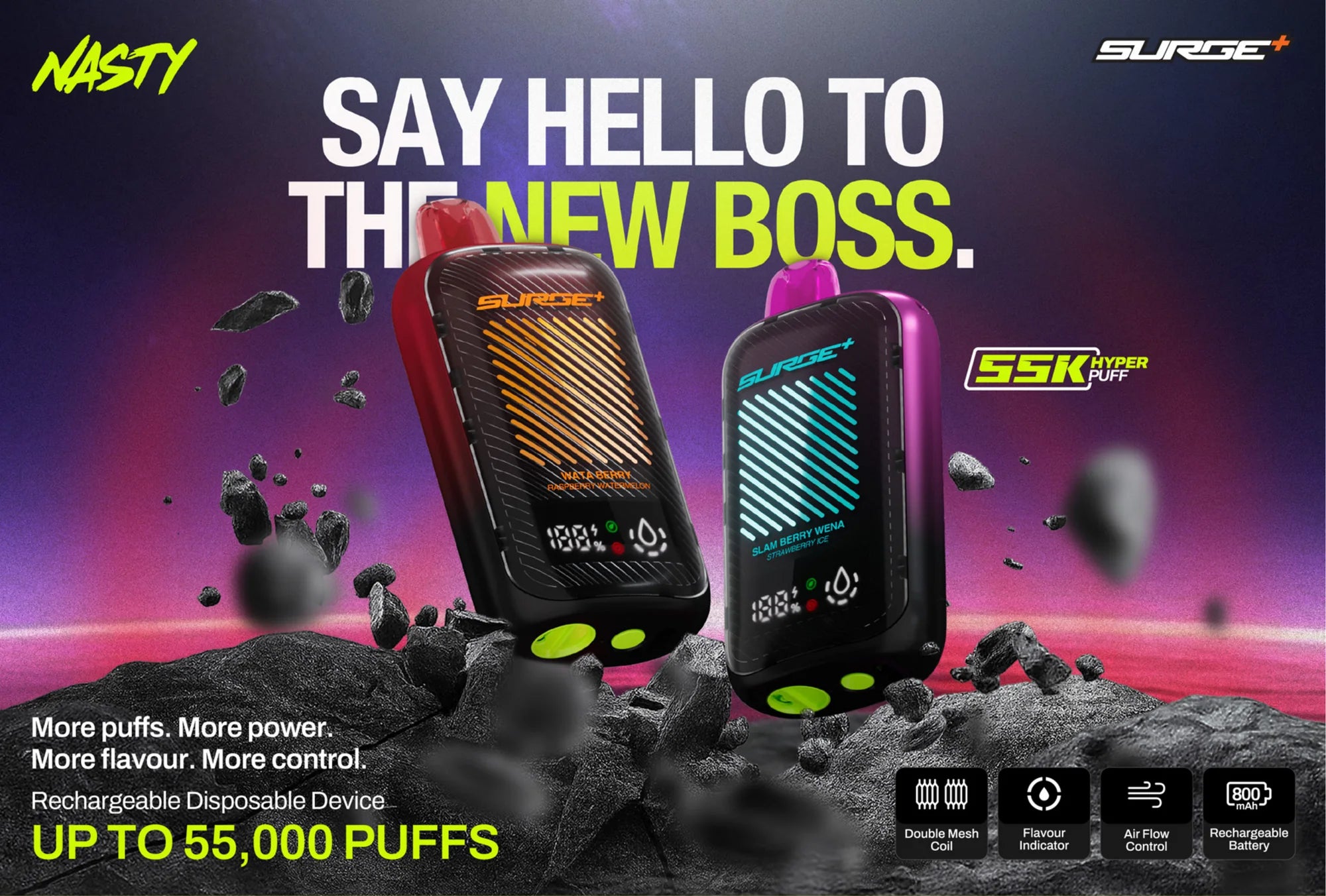 Two SURGE+ 55K devices on black rock under a pink sky. Say hello to the new boss. Rechargeable disposable device, up to 55,000 puffs.